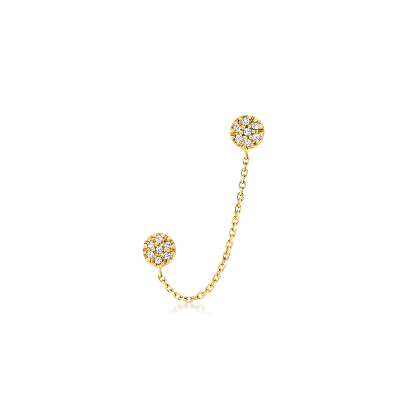 14kt yellow gold double-piercing chain earring with two round diamond studs