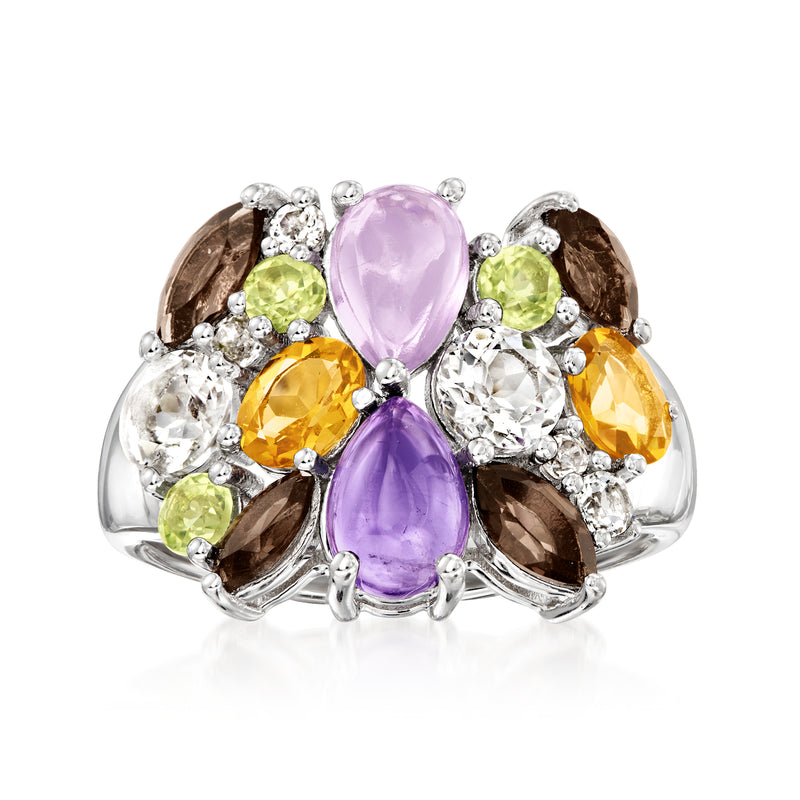 Sterling silver multi-gemstone ring with oval purple center stones and yellow, green accents