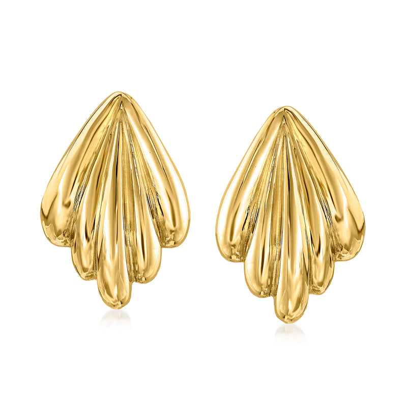 18kt yellow gold grooved teardrop post earrings with ribbed texture