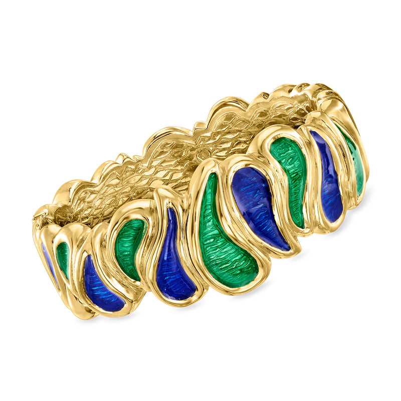 18kt gold over sterling bangle bracelet with blue and green enamel wavy links