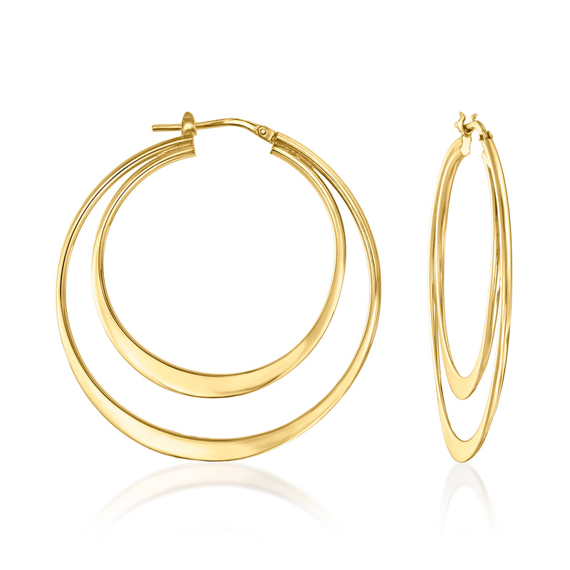 Gold-tone double hoop earrings with hinged post clasp, matching pair