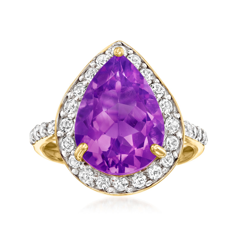 Pear-shaped amethyst ring with white topaz halo in 14kt yellow gold