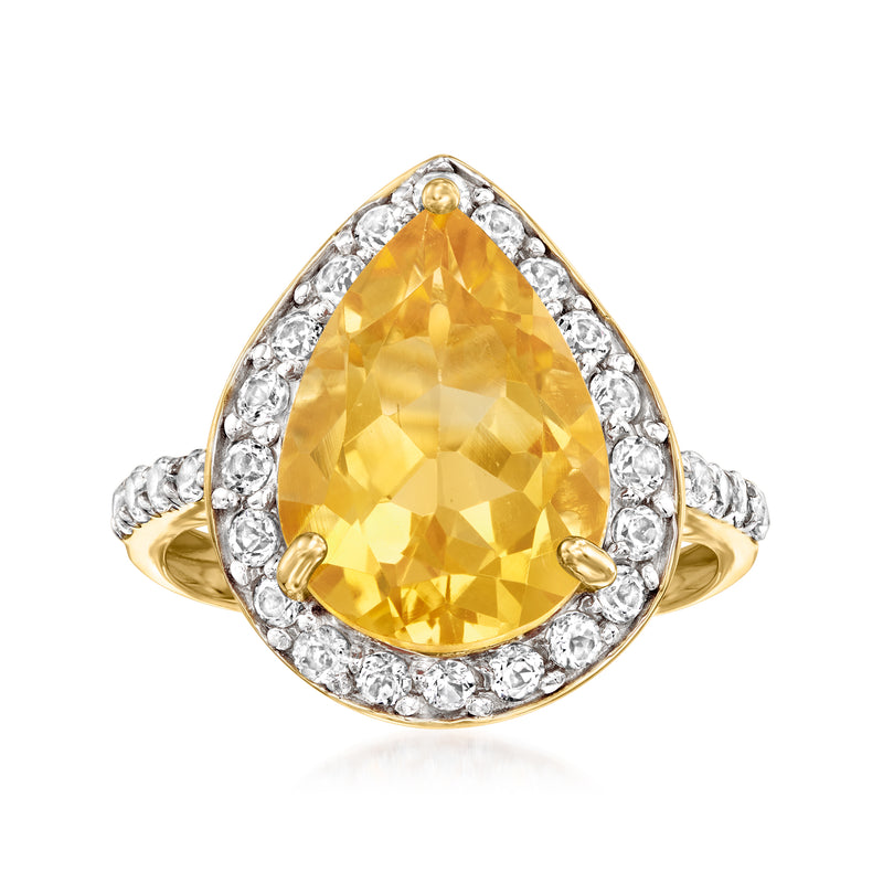 14kt yellow gold pear-shaped citrine ring with white topaz halo and split shank
