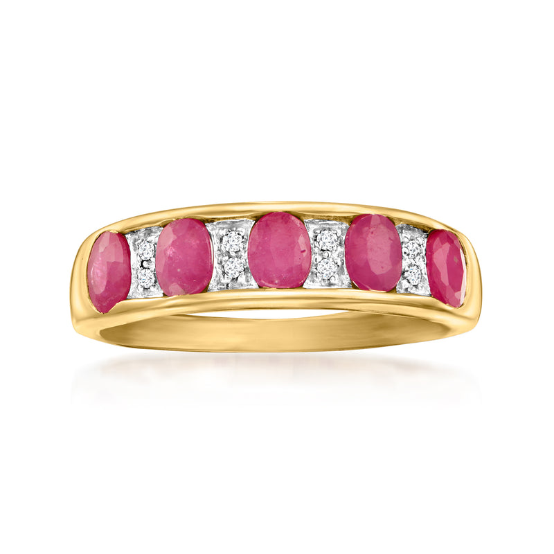 14kt yellow gold ring with oval pink ruby stones and white diamond accents