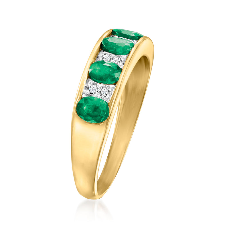 14kt yellow gold ring with green emerald oval stones and white diamond accents
