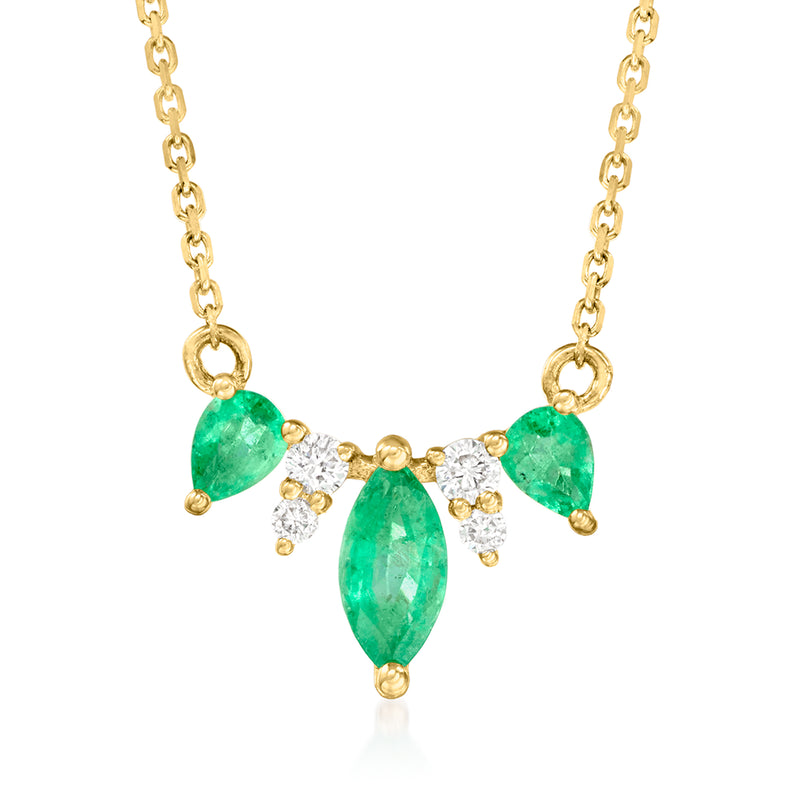 14kt yellow gold emerald and diamond drop necklace with three green pear gems