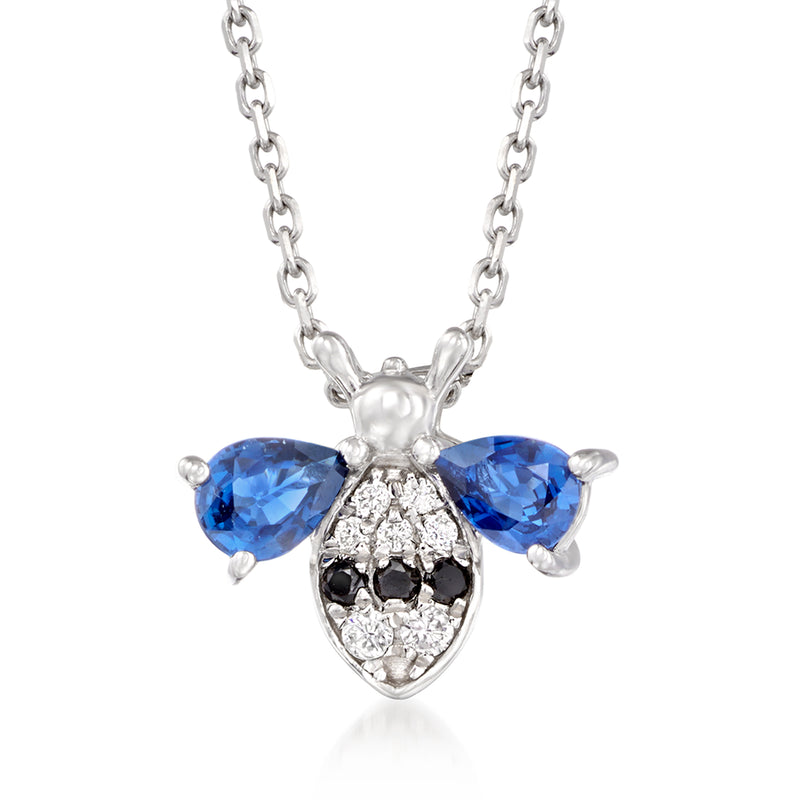 Blue sapphire bee pendant necklace in 14kt white gold, white diamond body, link chain