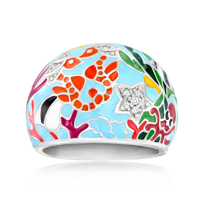 Sterling silver multicolored enamel ring with CZ-style crystal details, seahorse motif