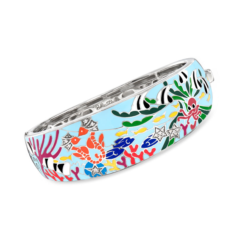 Sterling silver bangle bracelet with multicolored enamel seahorse pattern
