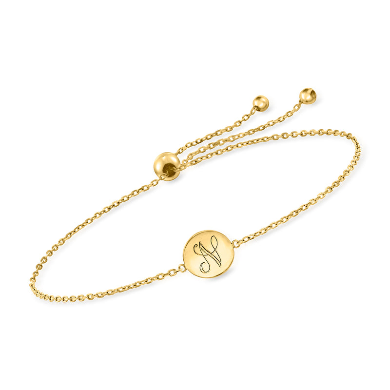 14kt yellow gold bolo bracelet with engraved round monogram disc and chain ends