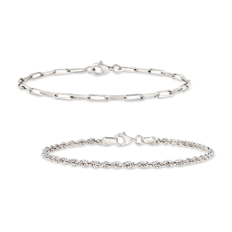 Sterling silver rope-chain and paper clip link bracelets, shown side by side