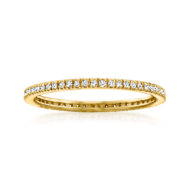 14kt yellow gold diamond eternity band with round-cut stones, full bezel setting