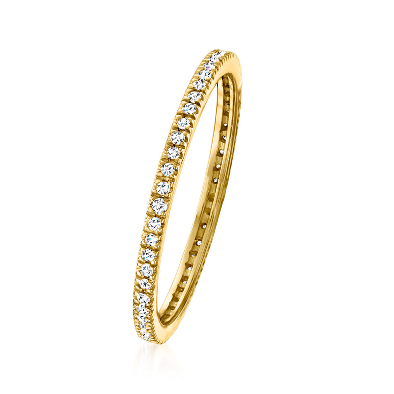 14kt yellow gold diamond eternity band angled view with round stones around the top