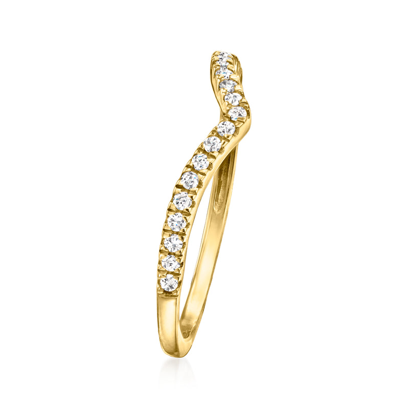 14kt yellow gold chevron diamond ring, side view with round stones