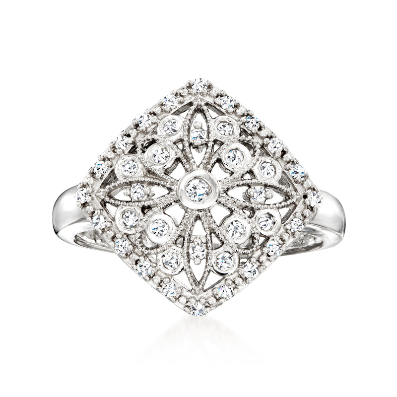 Sterling silver diamond openwork ring with square lattice and round stones, band edges