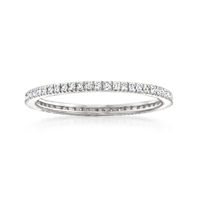 Sterling silver diamond eternity band with small round stones, slim row across top