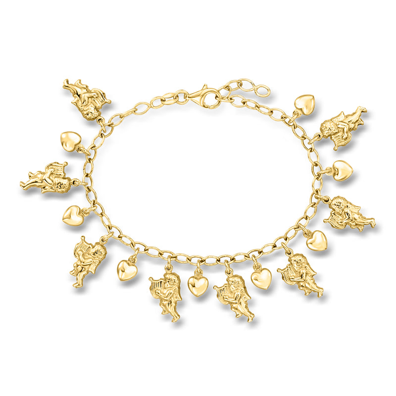 Gold-tone charm bracelet with cherub and heart charms along a linked chain