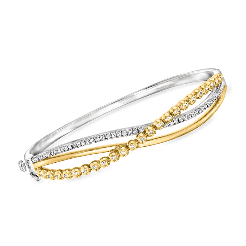 Two-tone sterling silver diamond bangle bracelet with crossover pavé and beaded rows