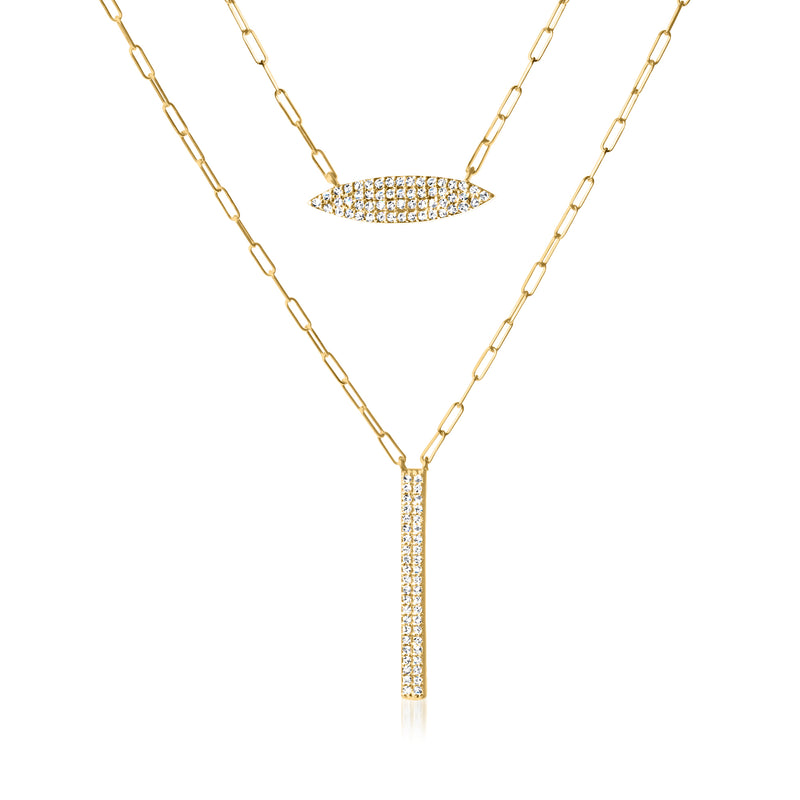 Two-strand paper clip link necklace in yellow gold with diamond bar pendants