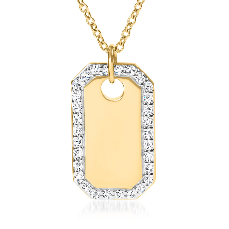 14kt yellow gold diamond tag pendant necklace with rectangular tag and diamond border