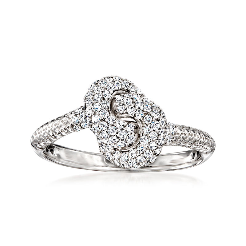 Sterling silver diamond love knot ring with round pave stones, open center