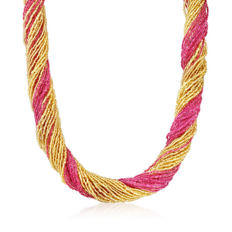 Multicolored Murano glass bead torsade necklace in pink and gold tones, 18kt gold over sterling