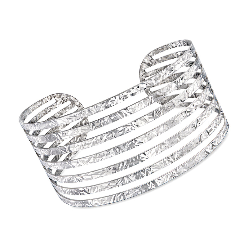 Sterling silver multi-row cuff bracelet with textured and polished stripes