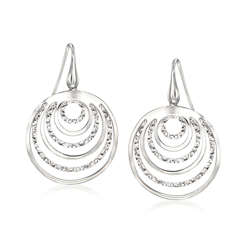Sterling silver textured drop earrings with layered concentric circles and earwire