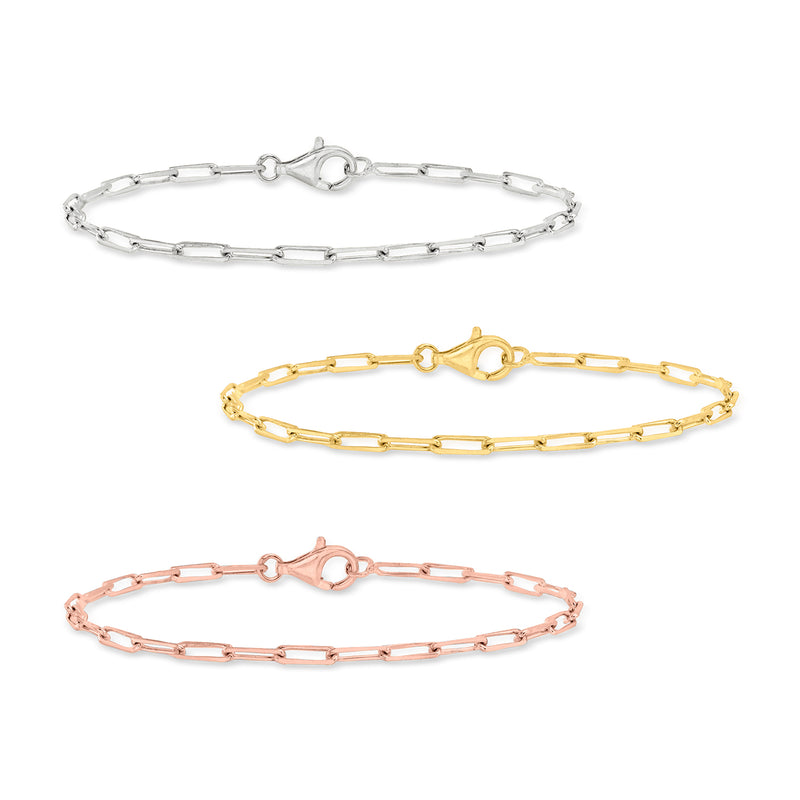 Tri-colored sterling silver paper-clip link bracelet set with three bracelets