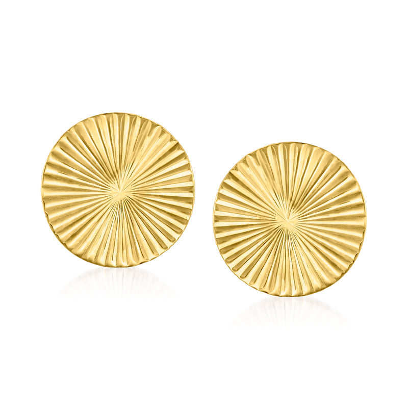 14kt yellow gold starburst circle stud earrings with round ribbed texture