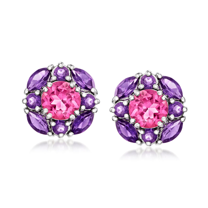 Sterling silver pink topaz and amethyst stud earrings with oval halo and bead border