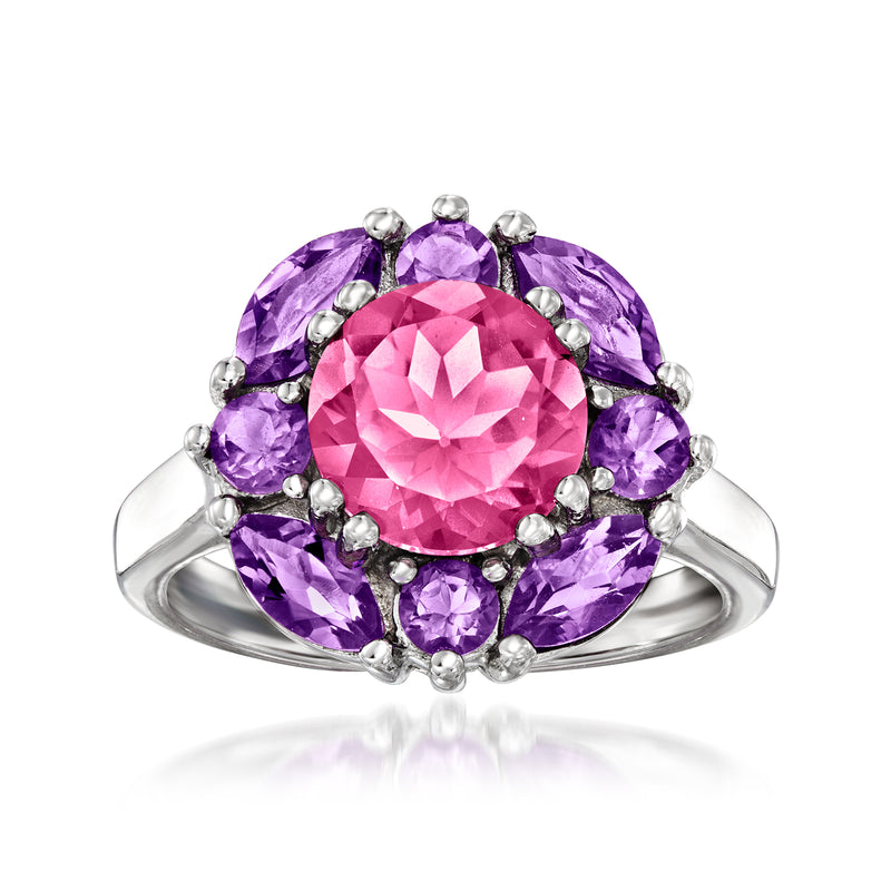 Sterling silver ring with pink round stone and oval amethyst accents