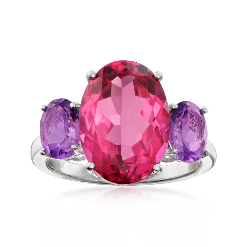 Sterling silver three-stone ring with oval pink topaz center and purple amethyst side stones