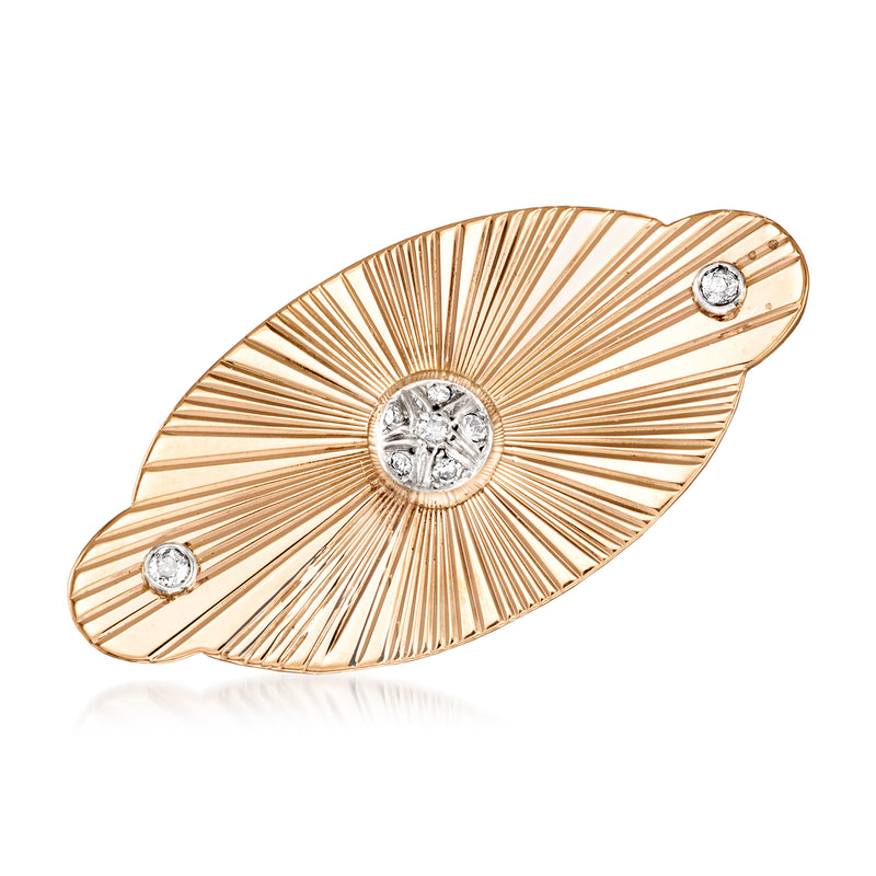 Vintage gold ray pin with three round diamonds center and two side stones, 14kt