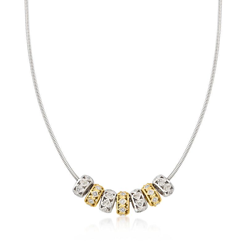 Two-tone sterling silver diamond rondelle bead necklace with alternating gold-tone and clear stones