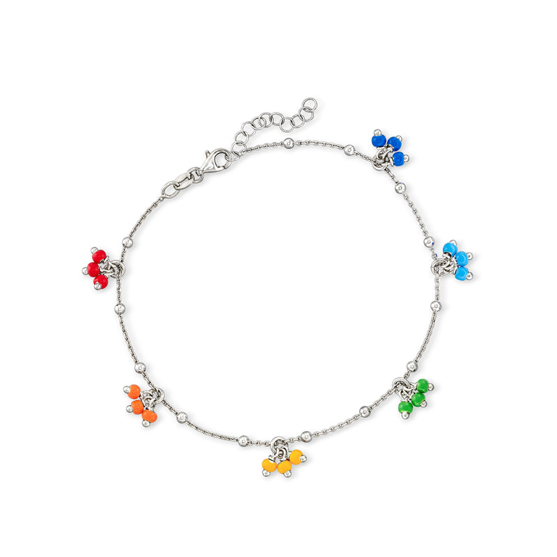 Sterling silver bead station anklet with multicolored enamel clover charms