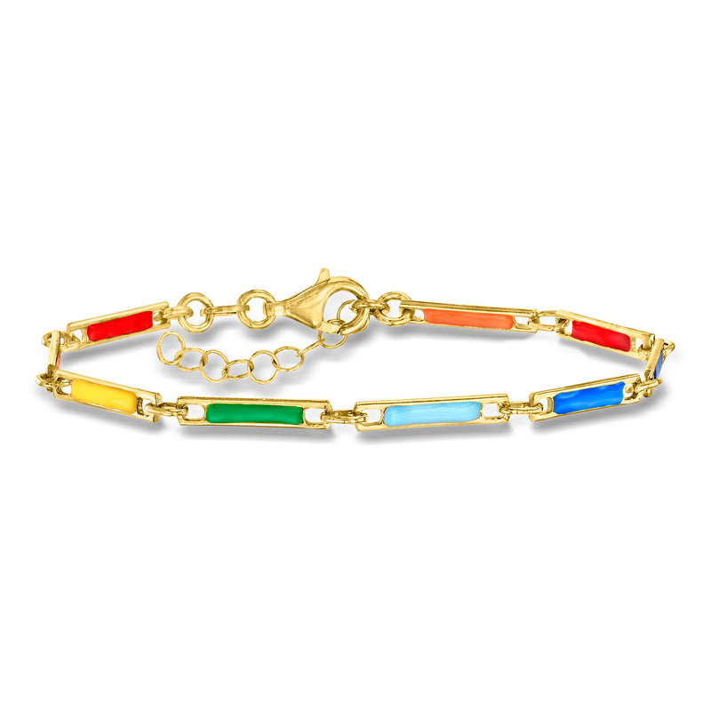 Multicolored enamel bar-link bracelet with gold-tone chain and red, orange, yellow, green, blue bars