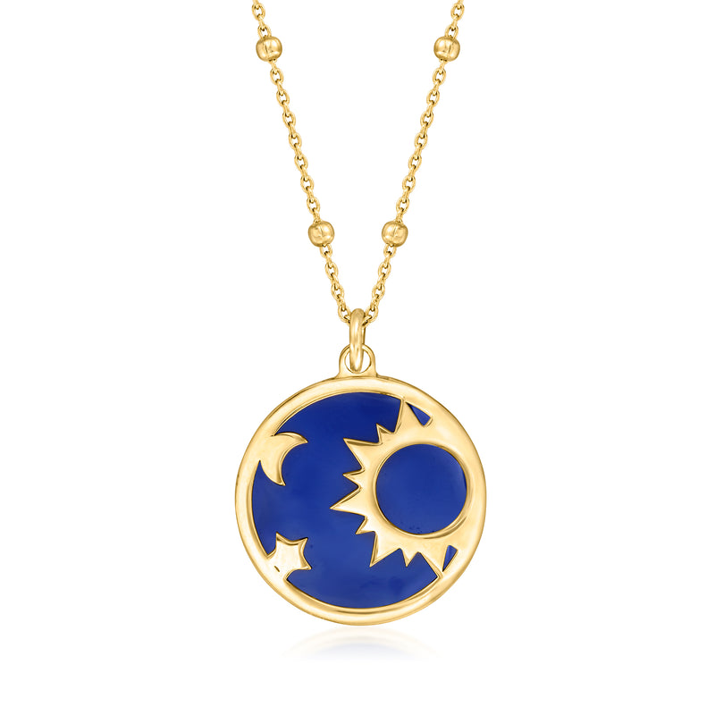 Gold over sterling necklace with round blue enamel celestial sun-moon pendant
