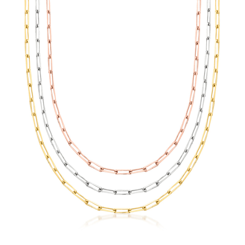 Tri-color paperclip link necklace set with three chains: gold, silver, rose metal