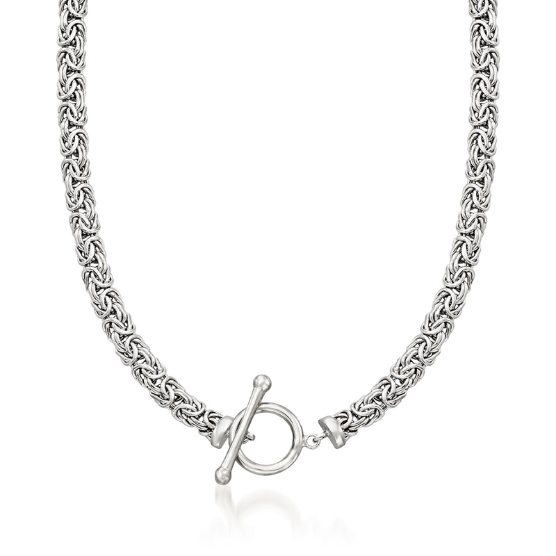 Sterling silver Byzantine link necklace with round toggle clasp, chain rows visible