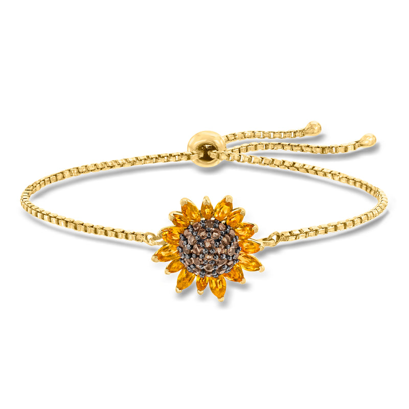 Gold bolo bracelet with sunflower centerpiece, citrine and smoky quartz stones