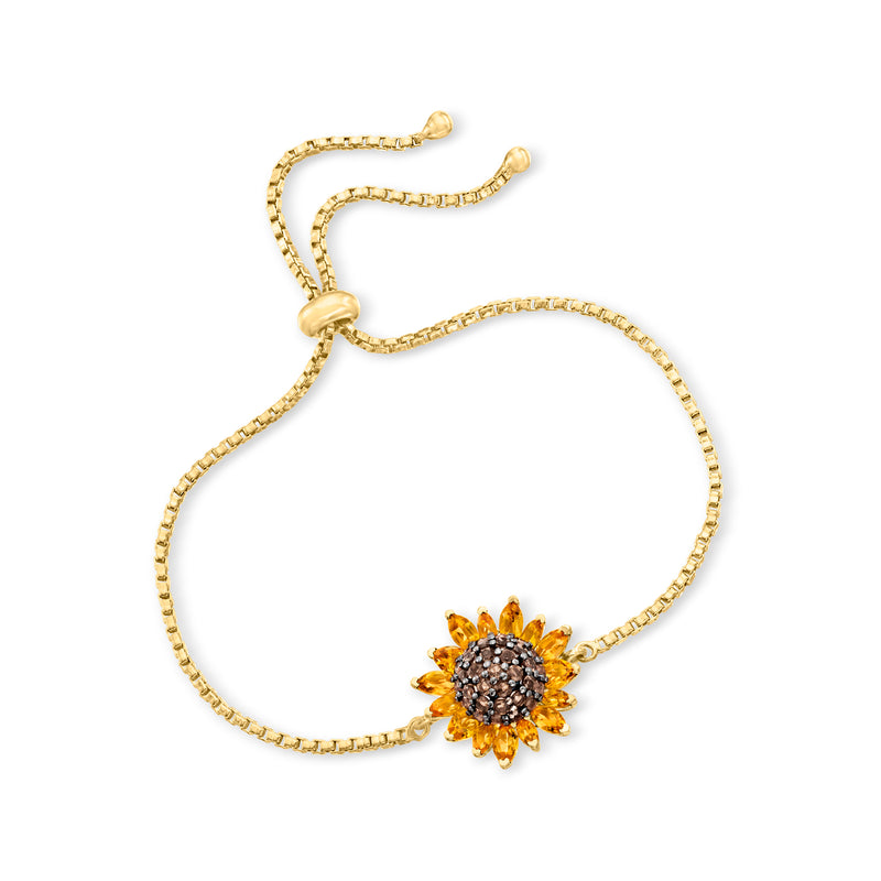 Adjustable gold bolo bracelet with sunflower charm and citrine-smoky quartz stones