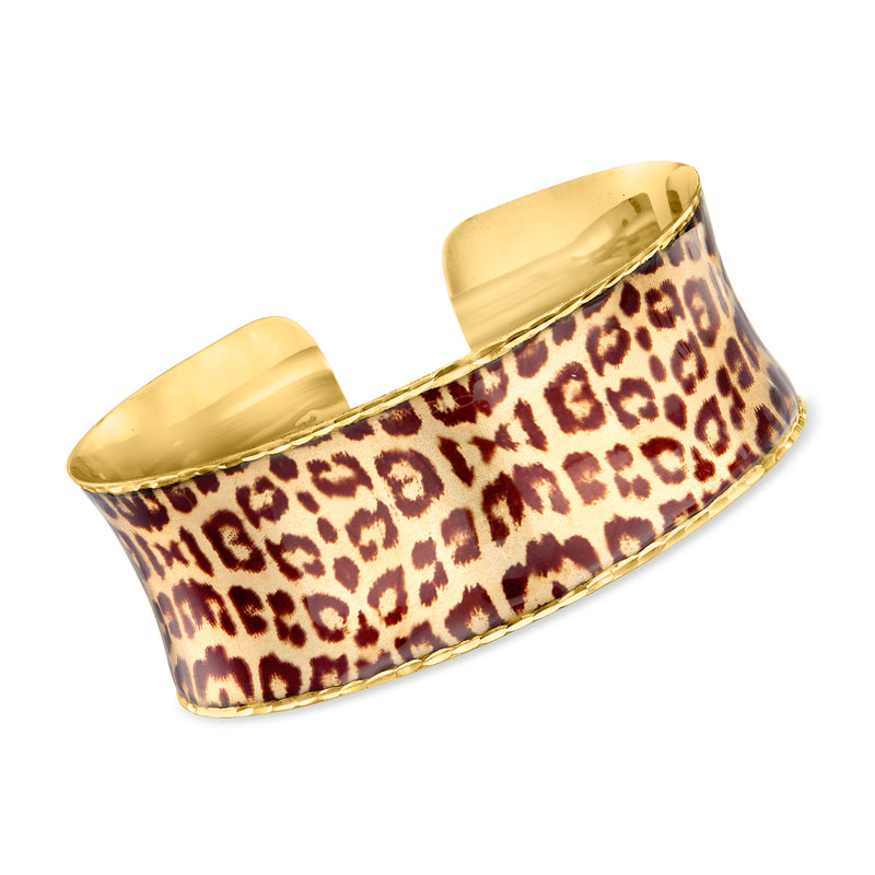 14kt yellow gold cuff bracelet with leopard-print enamel top