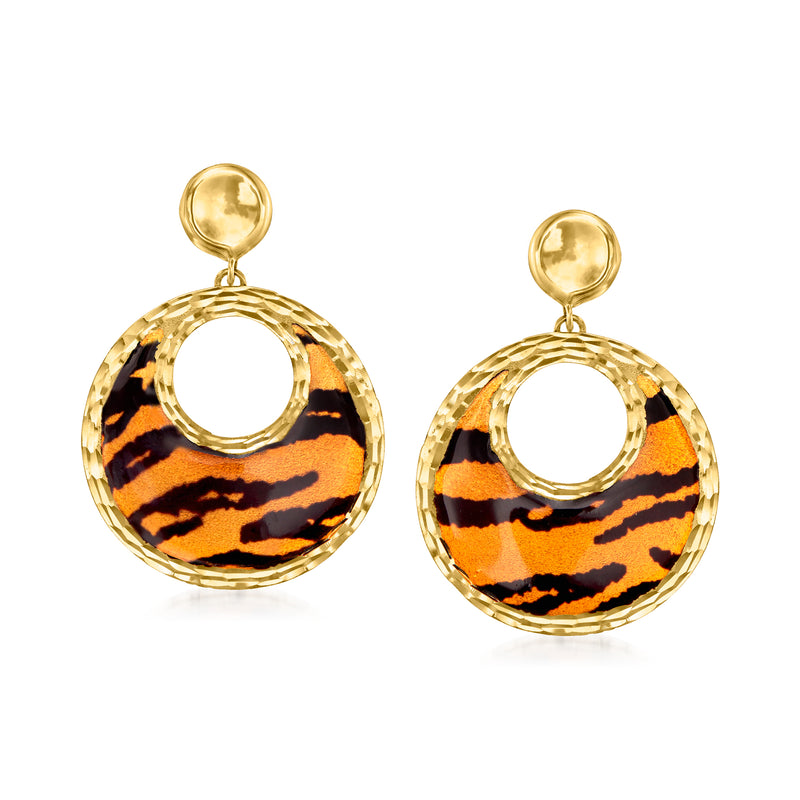 14kt yellow gold tiger-print enamel drop earrings, circular with tiger-striped enamel