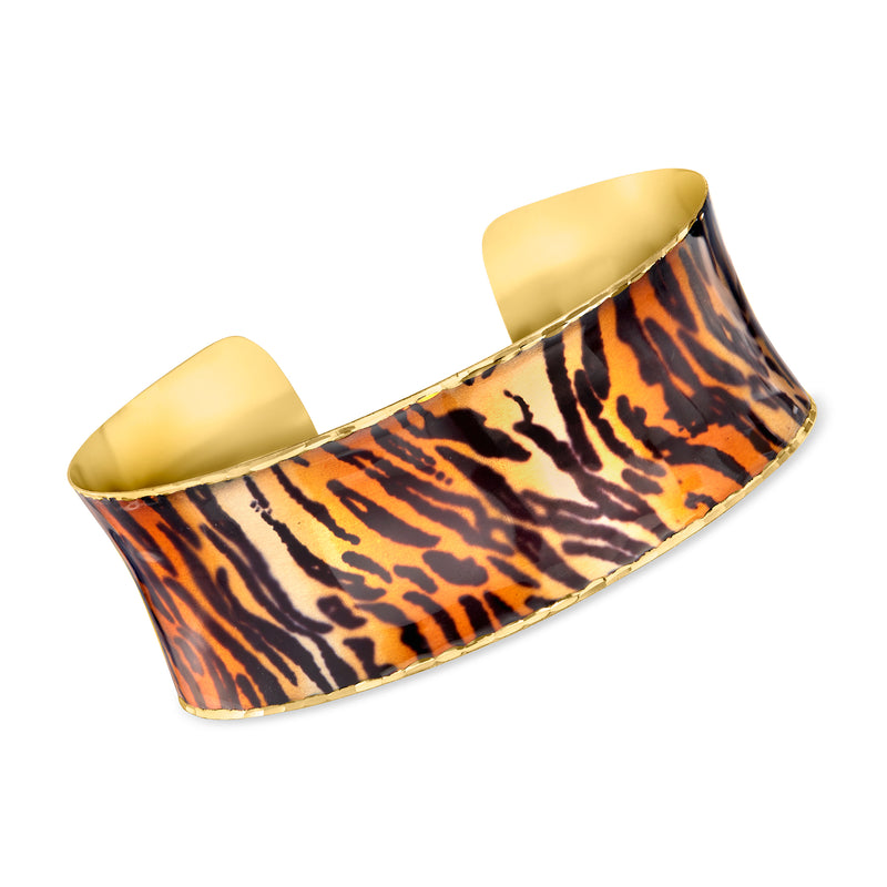 14kt yellow gold enamel cuff bracelet with tiger-print design