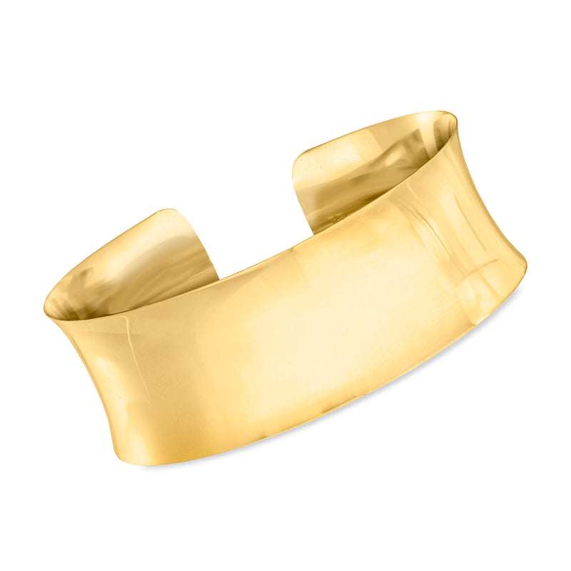 14kt yellow gold polished cuff bracelet, smooth wide bangle with curved profile