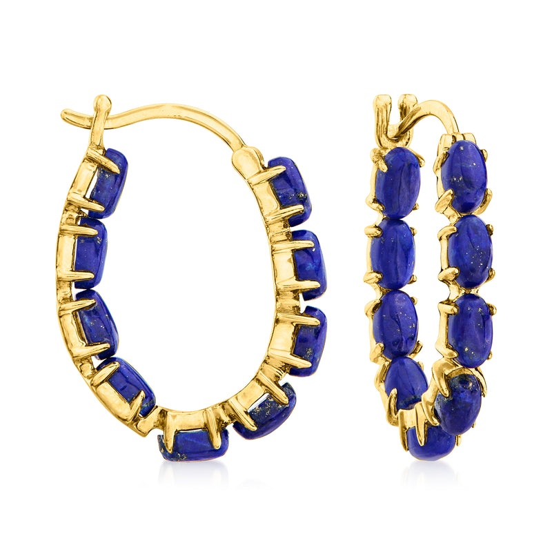 Gold hoop earrings with blue lapis oval stones lining the inner rim
