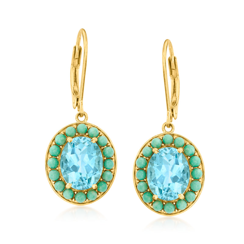 18kt gold over sterling leverback drop earrings with sky-blue topaz and turquoise halo