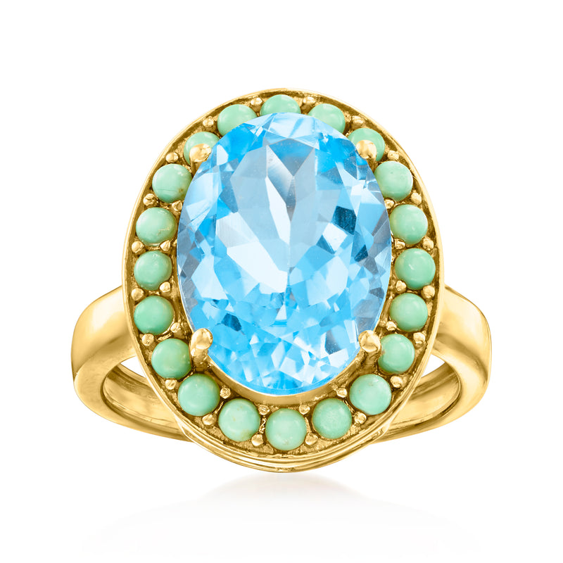 Sky blue topaz and turquoise oval halo ring in gold-tone setting