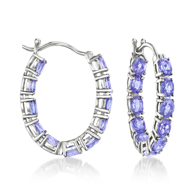 Sterling silver hoop earrings with oval purple tanzanite-style gemstones in channel settings